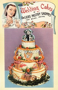 Wedding cakes by DeLuxe Pastry Shoppes, Fort Wayne, Indiana (1930–1945), vintage postcard. Original public domain image from Digital Commonwealth. Digitally enhanced by rawpixel.