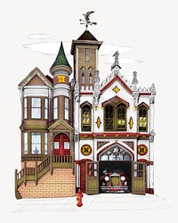 California street firehouse, vintage building illustration. Remixed by rawpixel.