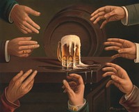 Seven male hands encircling a mug of beer, sitting on a table, one hand has a cufflink which may have the trademark of Anheuser Busch inscribed on it (1876), vintage illustration. Original public domain image from the Library of Congress. Digitally enhanced by rawpixel.