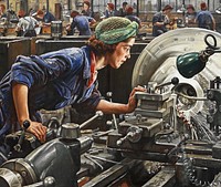Ruby Loftus screwing a Breech-ring (1943) illustration by Laura Knight. Original public domain image from Digital Commonwealth. Digitally enhanced by rawpixel.