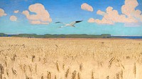 Wheat field landscape desktop wallpaper by Harald Slott-Moller. Remixed by rawpixel.