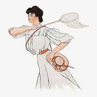 Vintage woman using insect net character illustration psd. Remixed by rawpixel. 