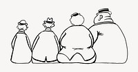 People sitting rear view, cartoon character illustration. Remixed by rawpixel. 