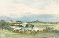 Extensive landscape prospect with a fortified building on hill in the background (recto); Study of a landscape and a female figure (verso) by Antoine Chintreuil. Digitally enhanced by rawpixel.