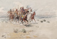 Group of male figures, some adorned in ornate headdresses with feathers, carrying spears and riding on horseback; leading horse is brown with white markings on face and neck, with an oval-shaped, colorful shield on PR side; flat landscape with small shrubs in bottom center, right center and in center left; pale blue sky with thin, linear purple clouds on horizon by Charles M Russell. Original from the Minneapolis Institute of Art.. Digitally enhanced by rawpixel.