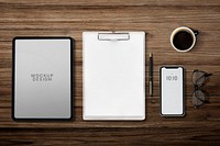 Tablet phone screen mockup psd work space and digital device flat lay