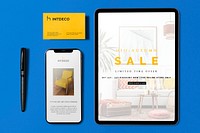 Multi digital device screen mockup, tablet and smartphone, business branding psd set