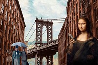 Manhattan Bridge, Mona Lisa background, art remix.  Remixed by rawpixel.