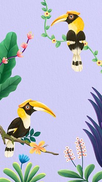 Bird purple mobile wallpaper, hornbill drawing design