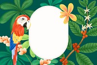 Macaw bird frame background, green floral design