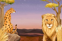 Night safari background, lion & leopard drawing design