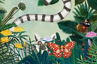 Cute wildlife green background, lemur & butterfly design