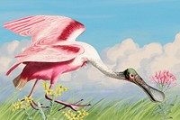 Spoonbill background, blue sky drawing design