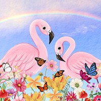 Aesthetic flamingo background, rainbow sky design