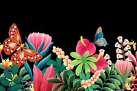 Aesthetic tropical black background, flowers & butterfly design