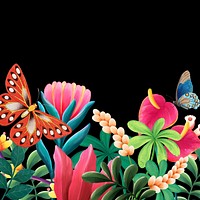 Aesthetic tropical black background, flowers & butterfly design