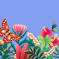 Aesthetic tropical blue background, flowers & butterfly design