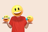 Smiling emoticon man background, 3D graphic