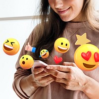 3D social media engagement emoticons, woman using phone remix