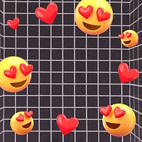 3D heart-eyes emoticons background, black grid pattern