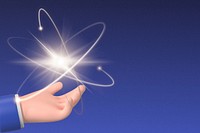 Hand presenting atom background, science education concept