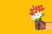 Hand holding flowers background, 3D yellow design