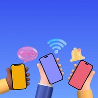 Hands holding smartphones background, 3D social media