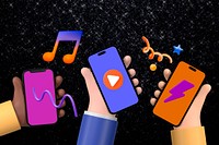 Music lovers background, hands holding smartphones illustration