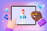 Business launch background, 3D hand drawing rocket illustration