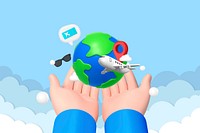 3D world traveling background, hand presenting globe illustration