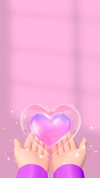 Hand presenting heart mobile wallpaper, pink 3D aesthetic design