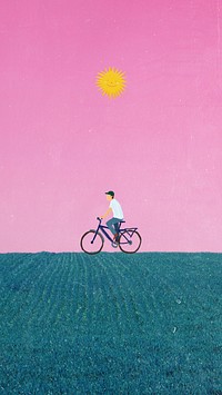 Aesthetic pink evening iPhone wallpaper, man riding bike