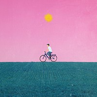 Aesthetic pink evening background, man riding bike