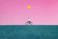 Aesthetic pink evening background, man riding bike