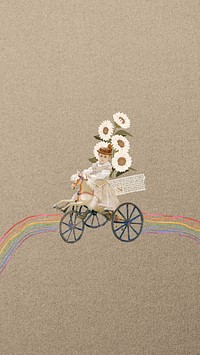 Vintage tricycle girl phone wallpaper, rainbow path background