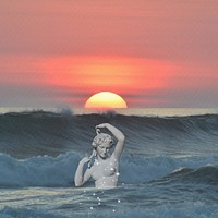 Sunset & sea background, statue design 