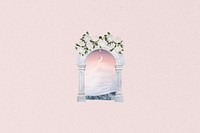 Aesthetic pink sky background, arch door