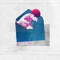 Hokusai's Japanese wave background, pink ocean letter, remixed by rawpixel