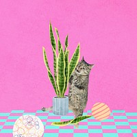 Cat ruining houseplant background, funny pet remix