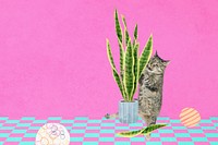 Cat ruining houseplant background, funny pet remix