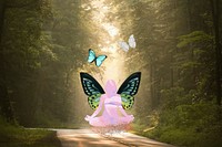 Mindfulness aesthetic background, woman with wings silhouette