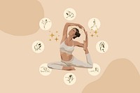 Woman yoga poses background, beige design