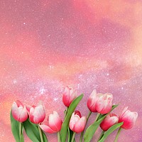 Pink galaxy sky background, tulip flowers border