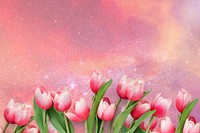 Pink galaxy sky background, tulip flowers border