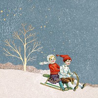 Vintage kids on sleigh background, Christmas winter holidays