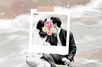 Couple kissing background, floral aesthetic instant photo design
