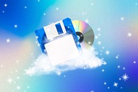 Aesthetic music blue background, floppy disk & CD disk design