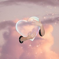 Dreamy sky background, hands holding heart design