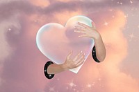 Dreamy sky background, hands holding heart design