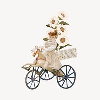 Girl riding tricycle, vintage collage element
